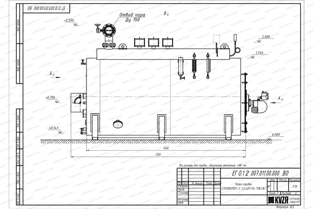 Чертеж дизельного парового котла 1200 кг 115 С